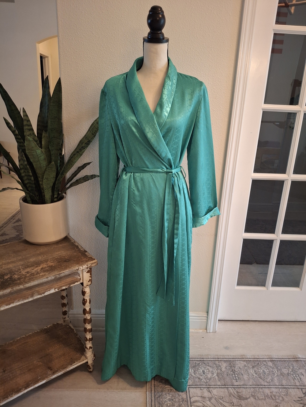 Vintage Rare Chloe Teal Satin Long Wrap Robe with Belt